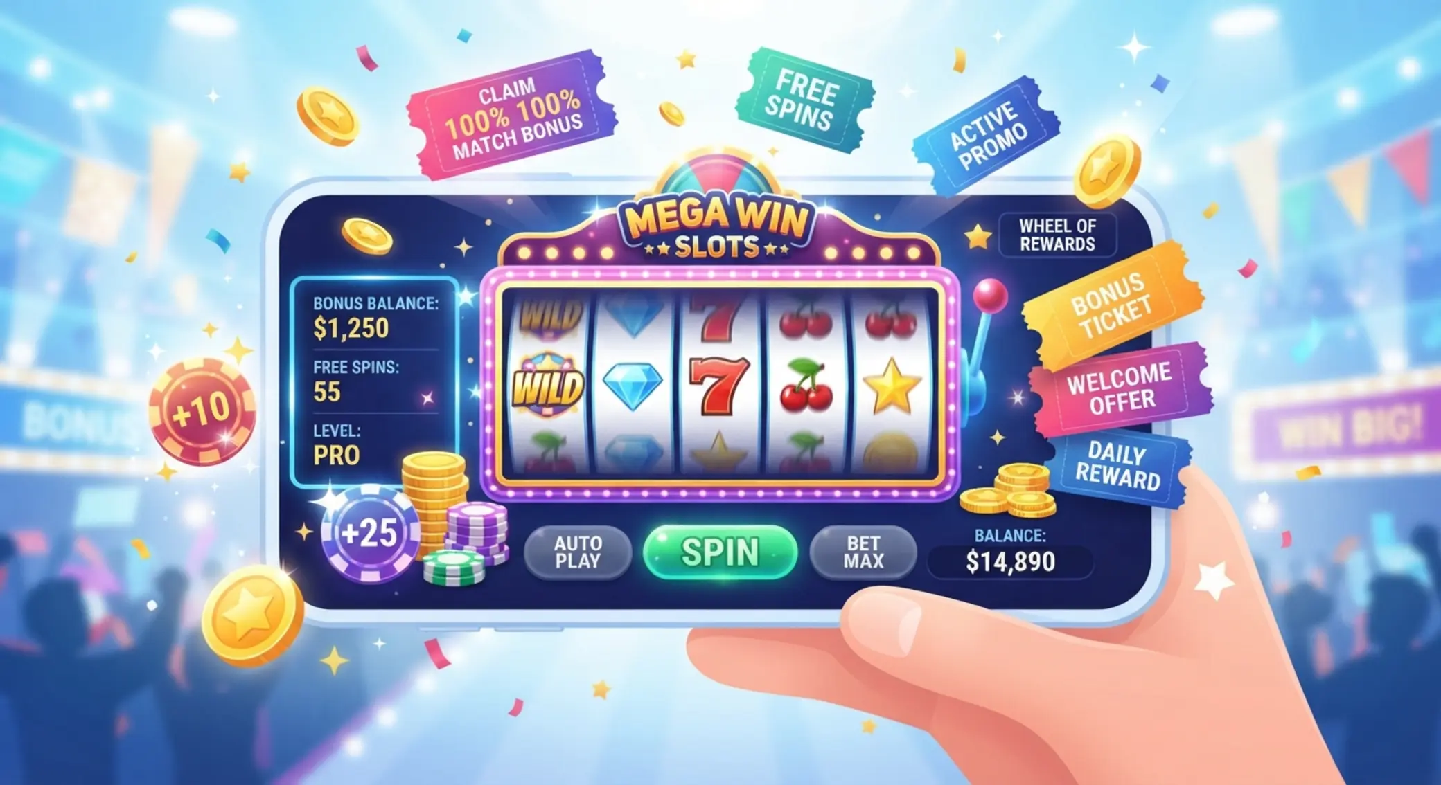 Ilustrácia free spinov a casino bonusov pri automate