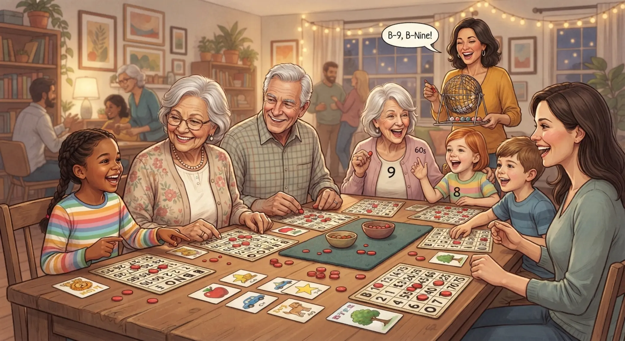 Deti a seniori hrajú jednoduché bingo pri stole