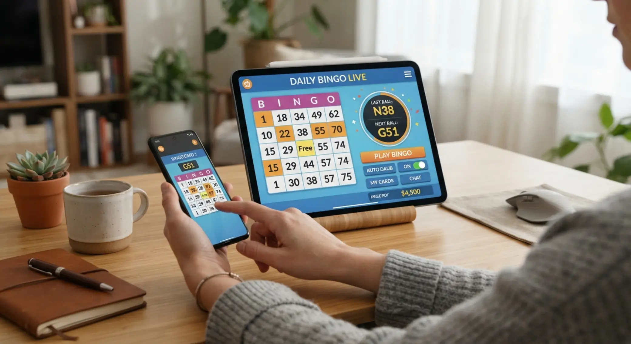 Mobil a tablet s otvorenou online bingo hrou