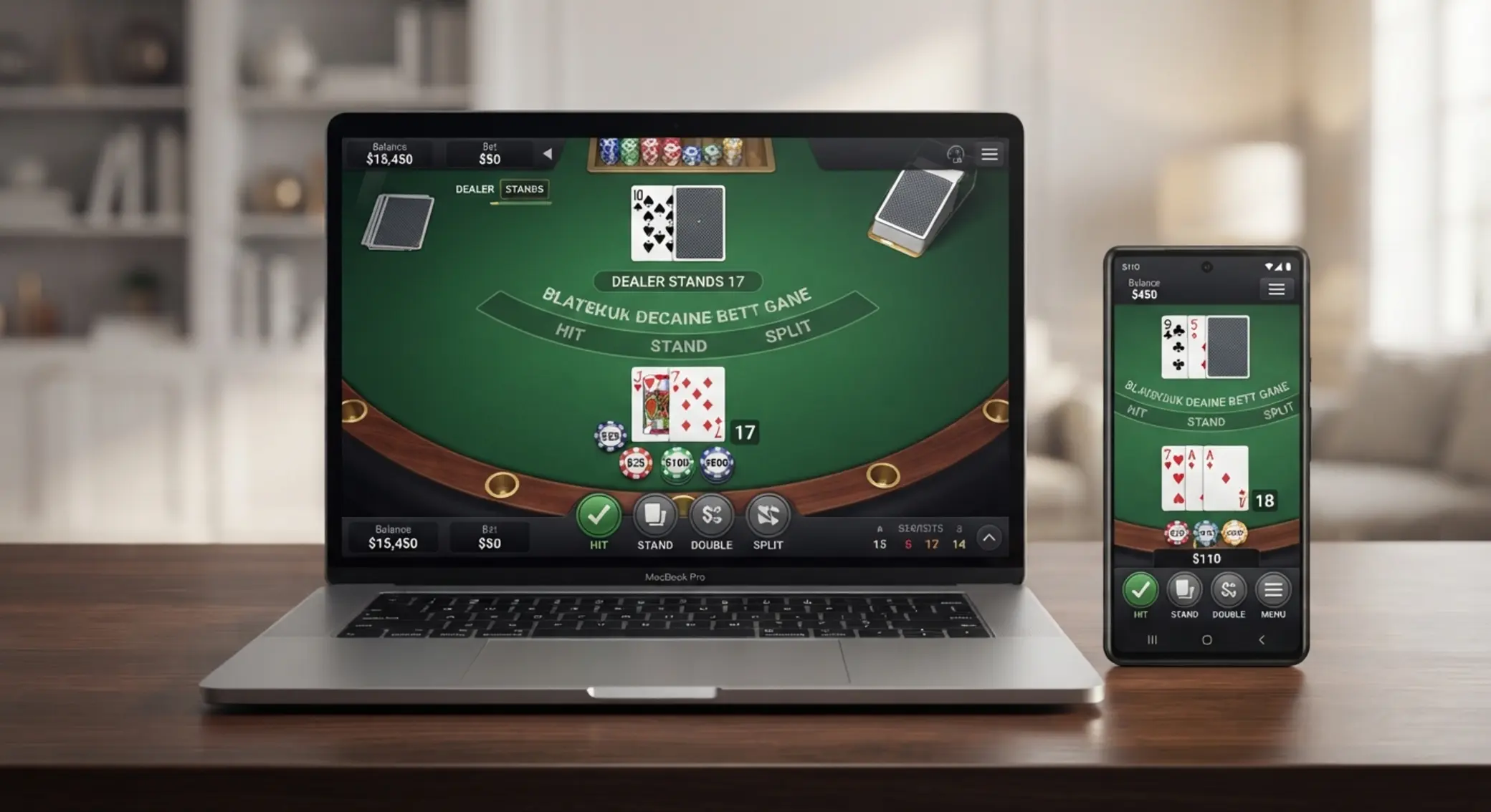 Ako vyzerá blackjack online Rozhranie online blackjack stola na notebooku a mobile