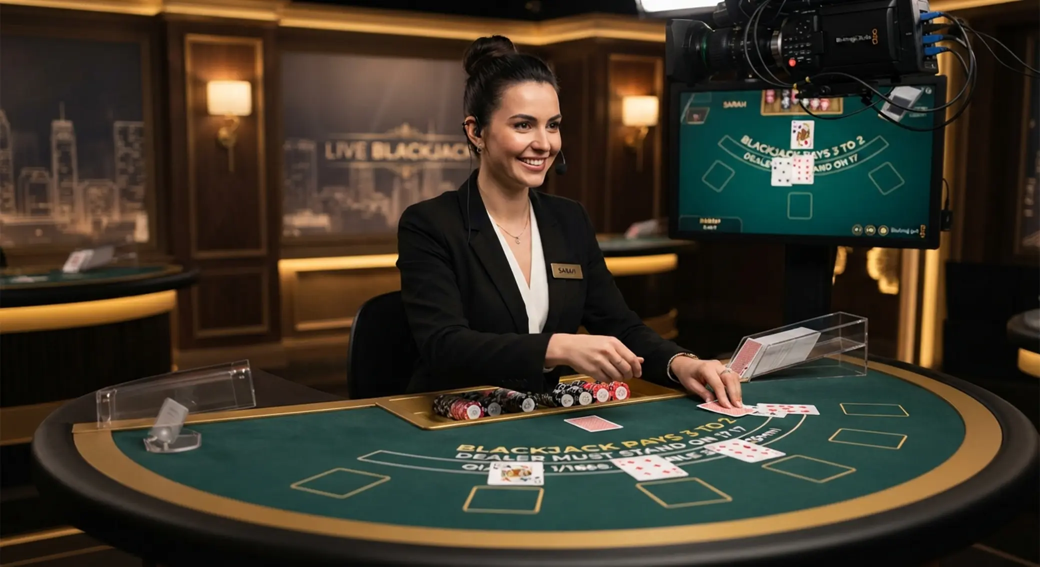 Live blackjack so živým krupiérom Živý krupiér pri blackjack stole v štúdiu