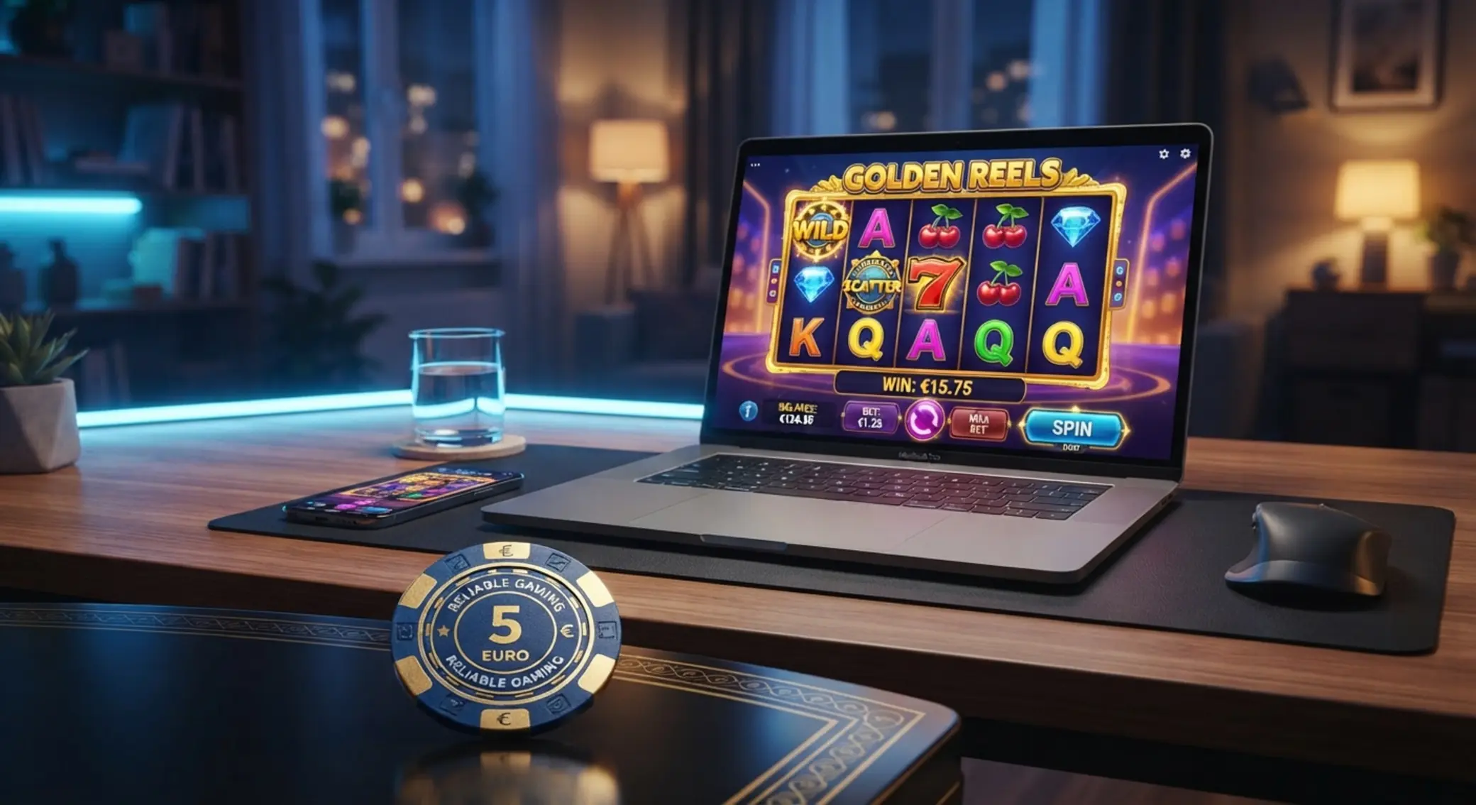 Ilustrácia bonusu 5 € za registráciu Online casino s motívom bonusu 5 € a hracieho automatu