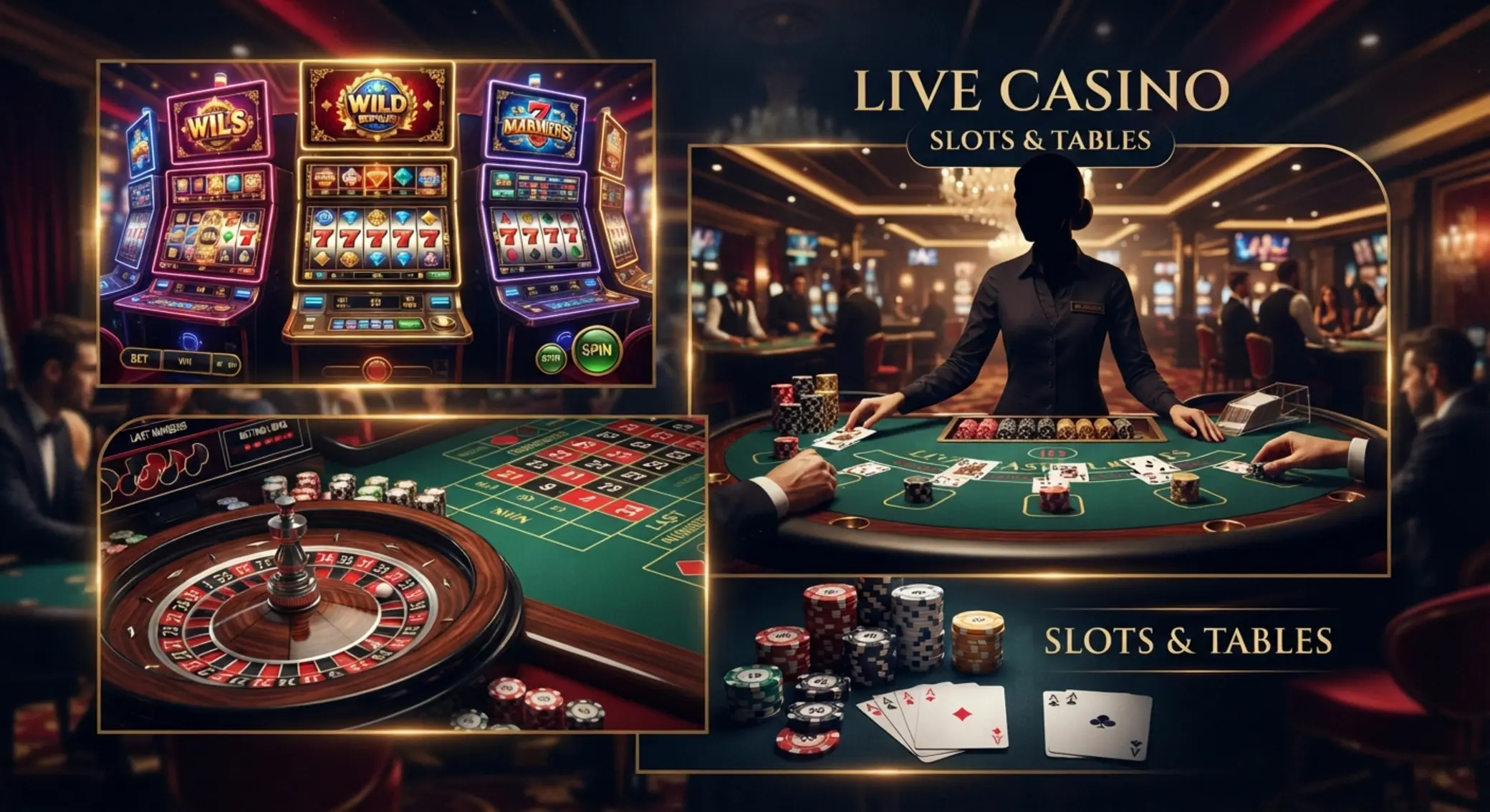 Koláž online kasínových hier vrátane slotov, rulety a live kasína