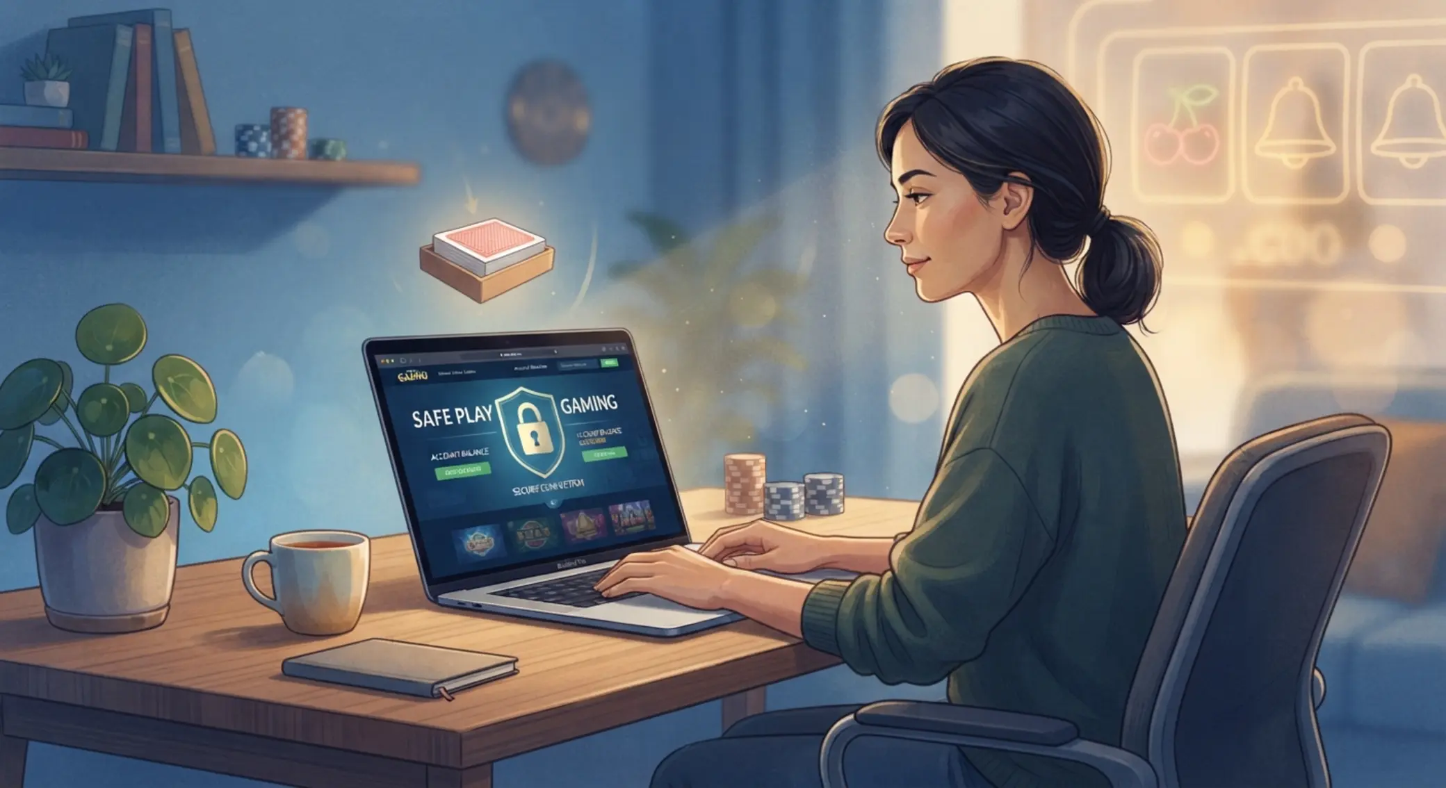 Ilustrácia bezpečného online hrania s dôrazom na ochranu a dôveryhodnosť
