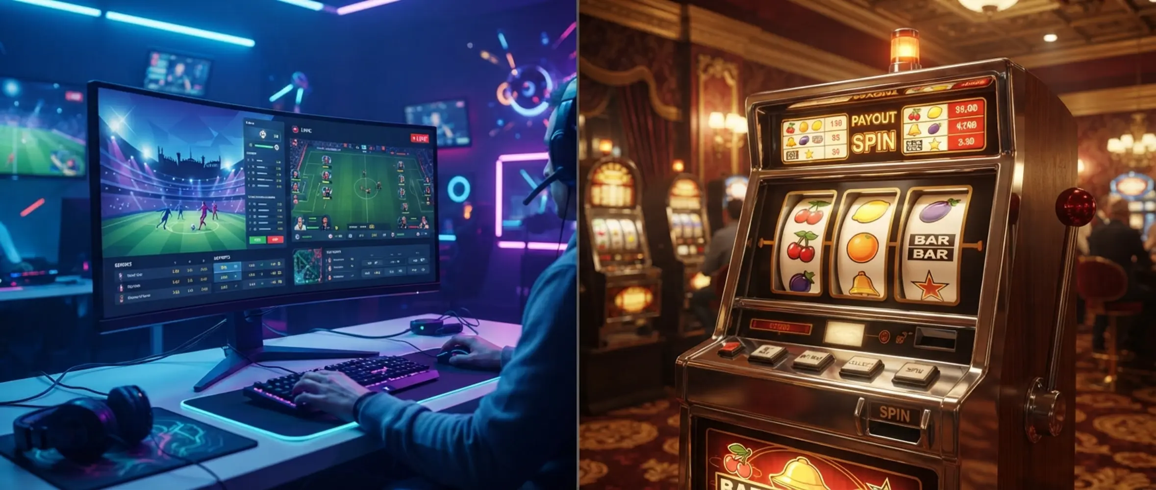 Porovnávací banner GGbet a Kajot v štýle e-športu a klasických automatov