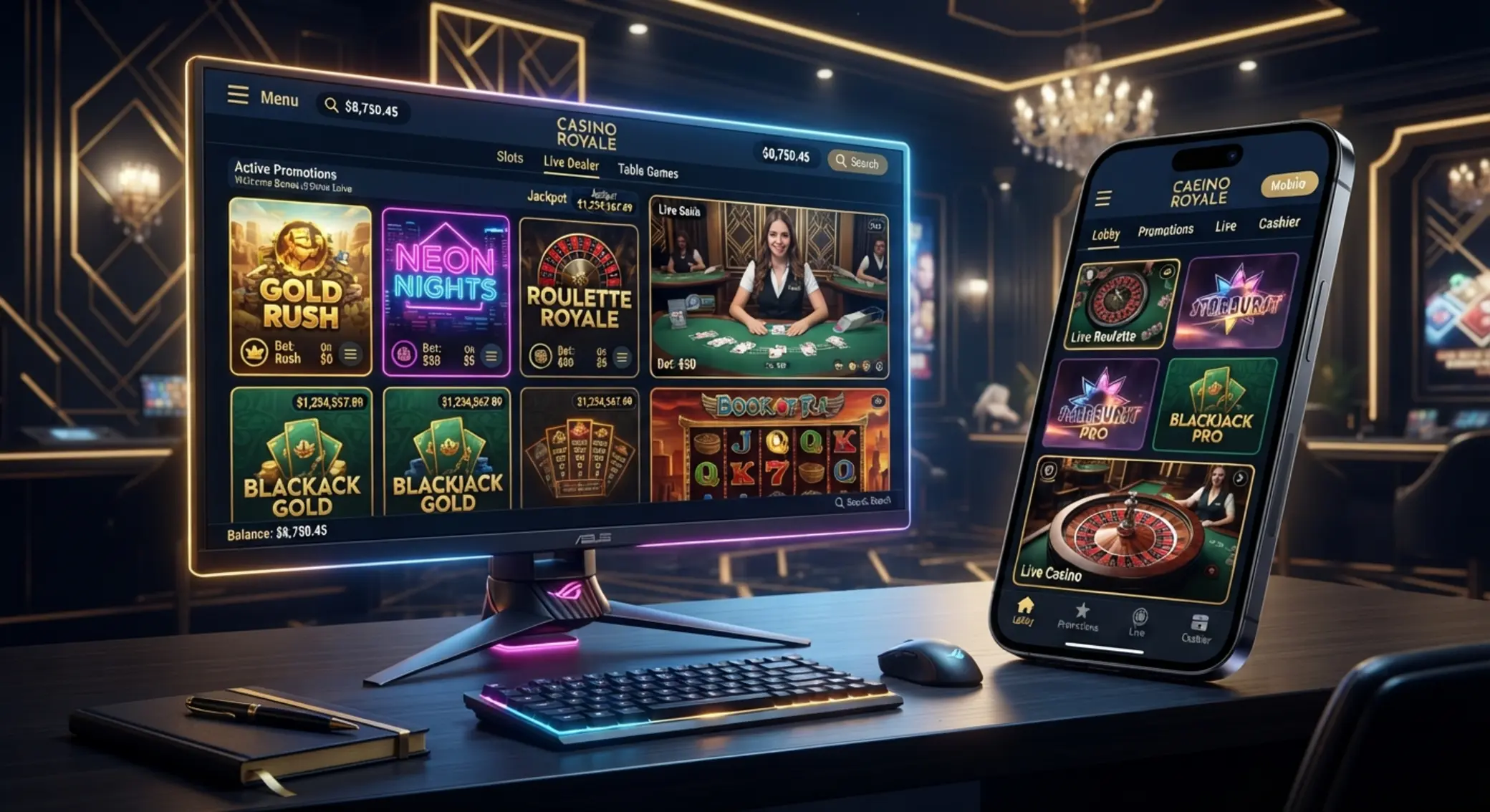 Koláž hier v online kasíne vrátane automatov, rulety a live kasína