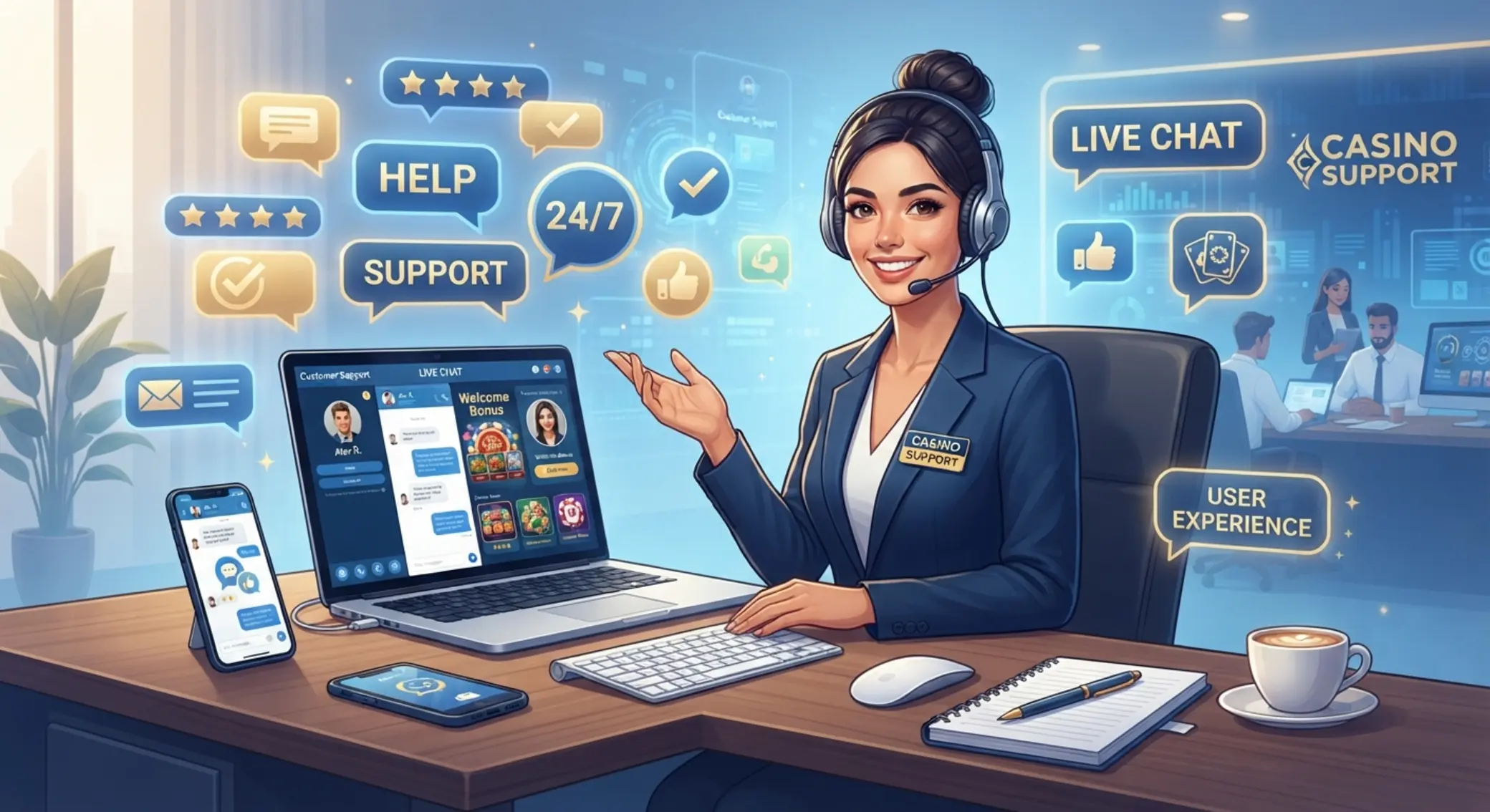 Ilustrácia zákazníckej podpory online kasína s chatom