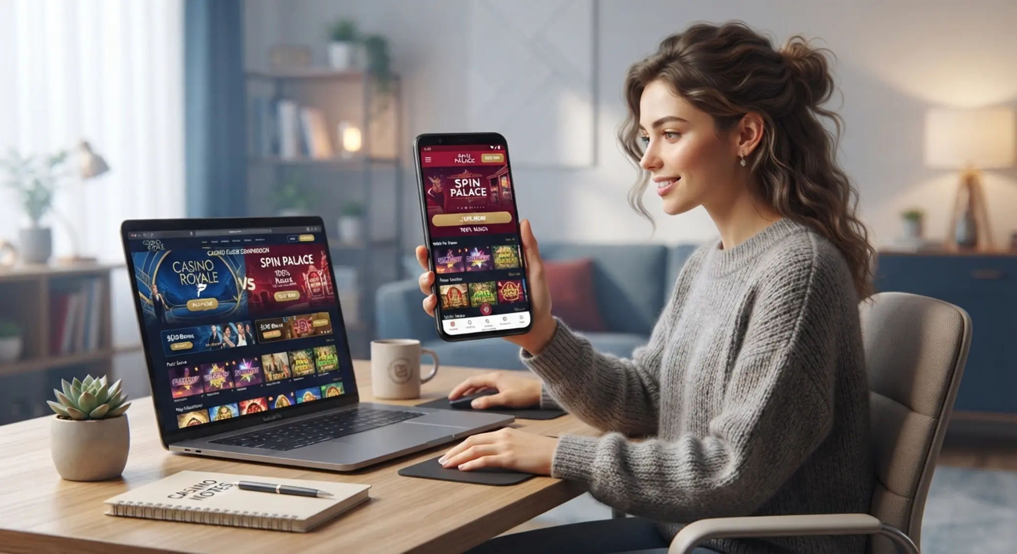 Hráč porovnáva dve online kasína na notebooku a mobile