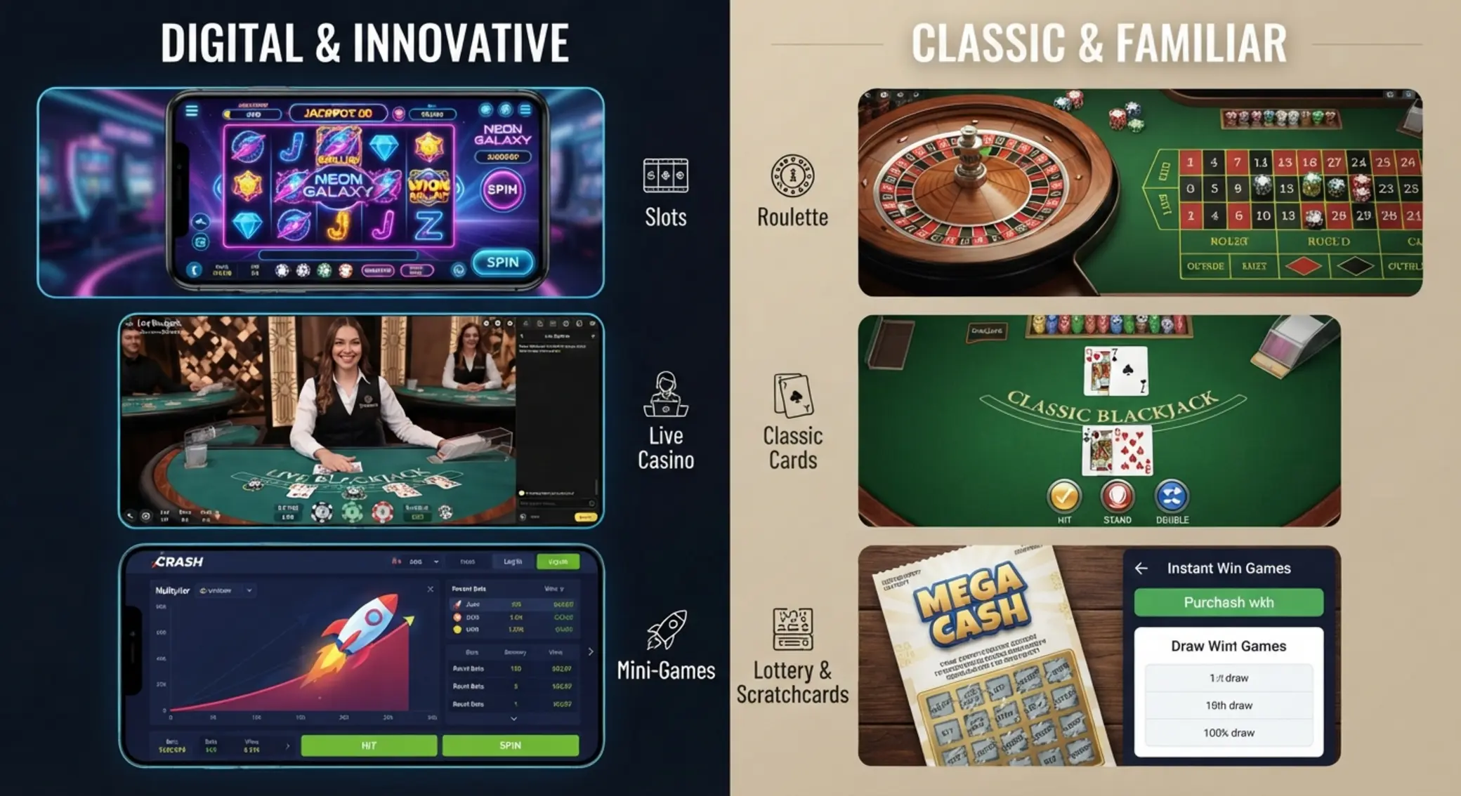 Porovnanie ponuky hier GGBet a Tipos Koláž hier porovnávajúca moderné online casino a tradičnejšie lotérie