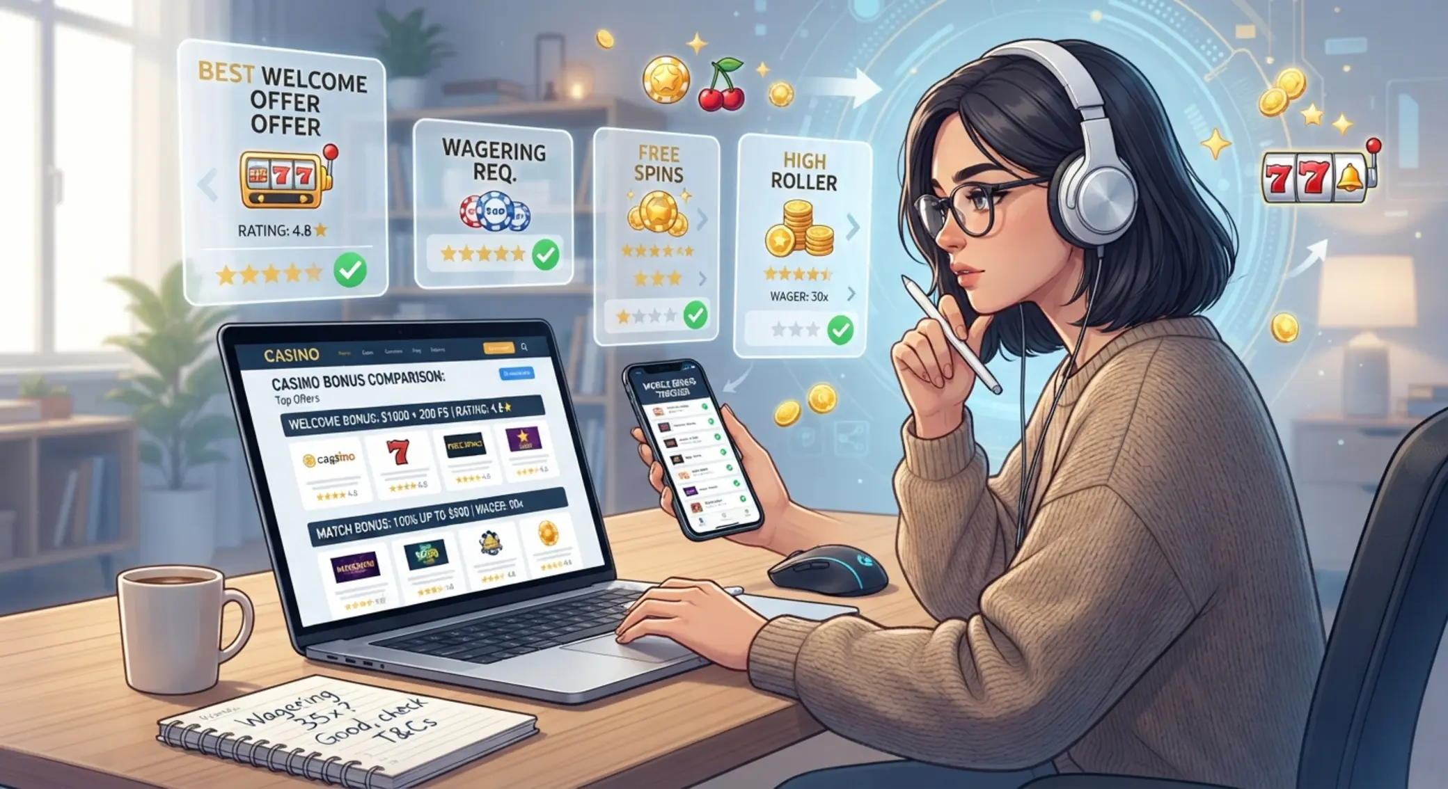 Hráč porovnáva ponuky online casino bonusov