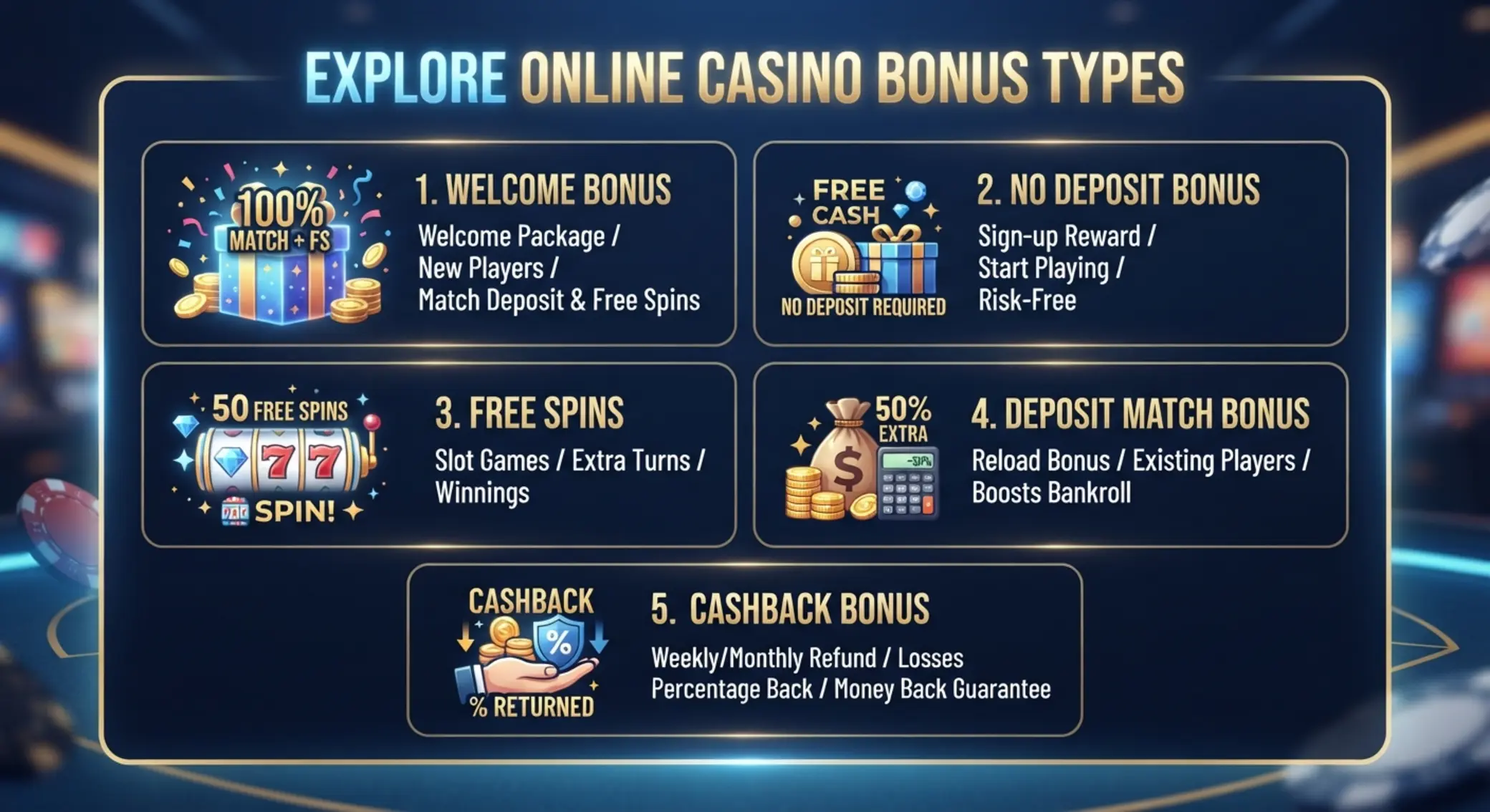 Ilustrácia rôznych typov online casino bonusov