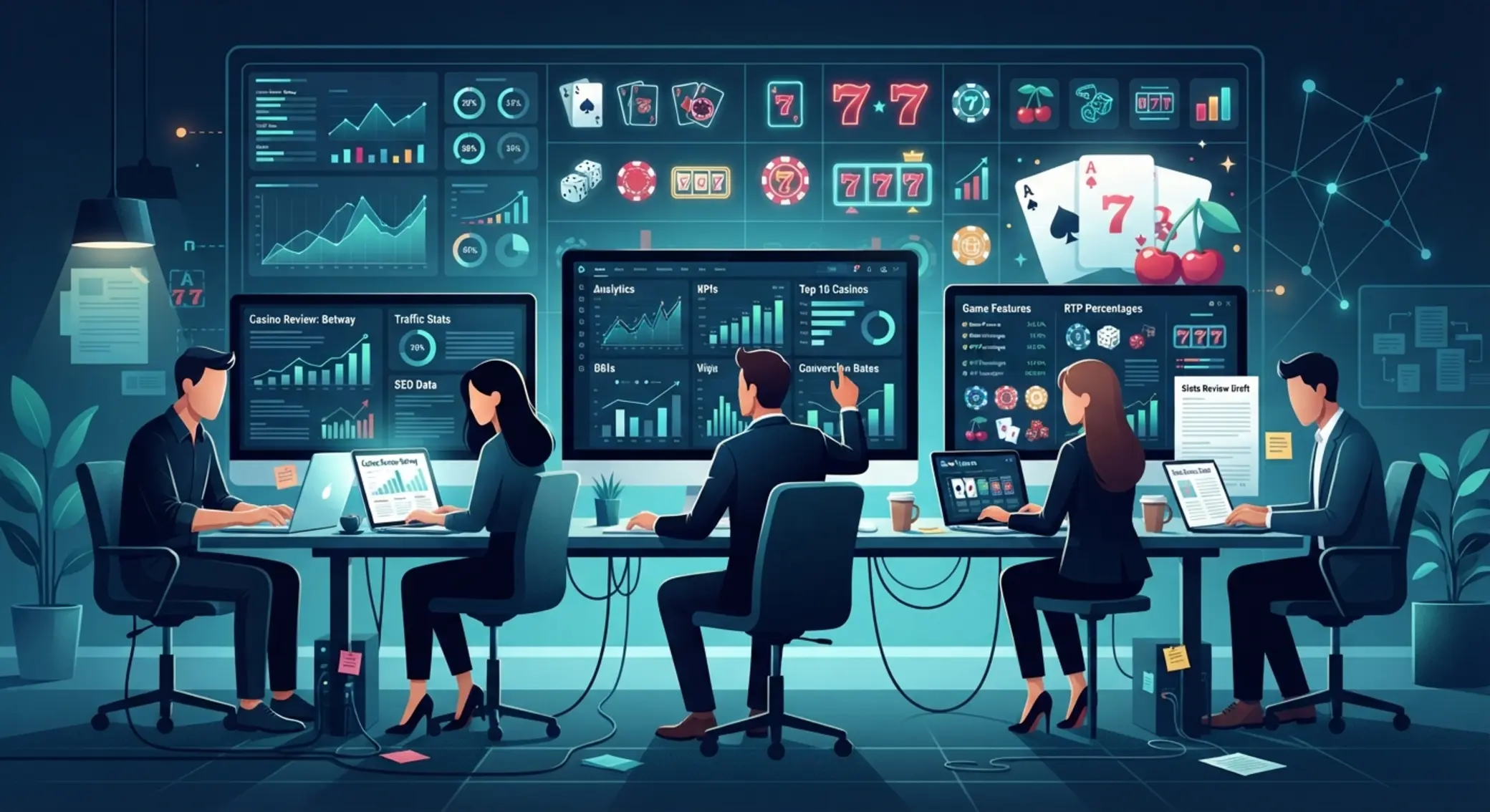 Tím za slovenským casino portálom Ilustrácia tímu za casino portálom pri práci s dátami