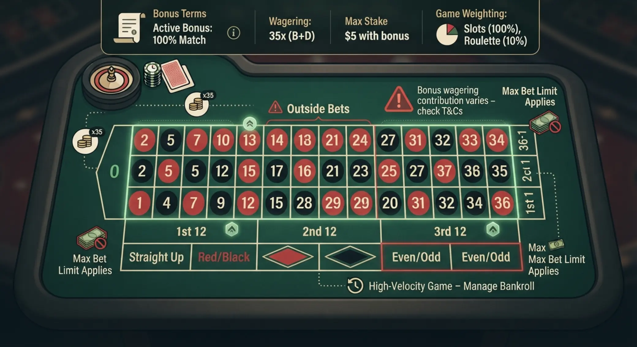 Schéma rulety s upozornením na bonusové podmienky