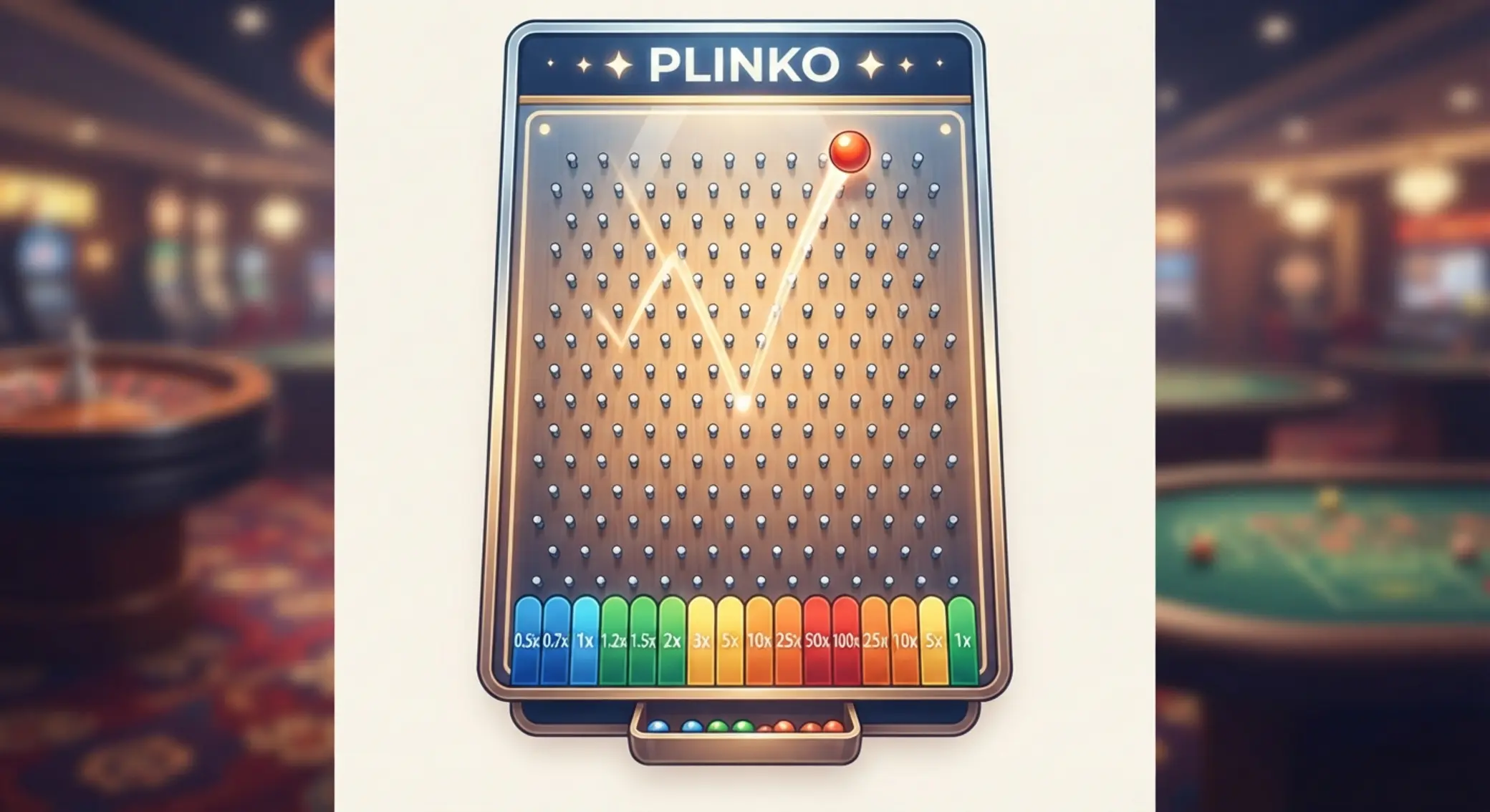 Schéma Plinko hracieho poľa s kolíkmi a spodnými násobiteľmi
