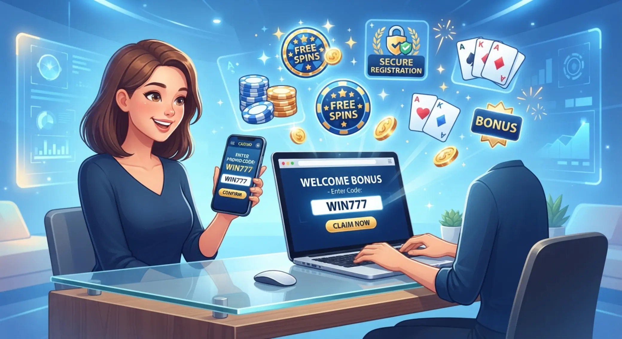Hráč zadáva promo kód do online kasína na mobile a notebooku