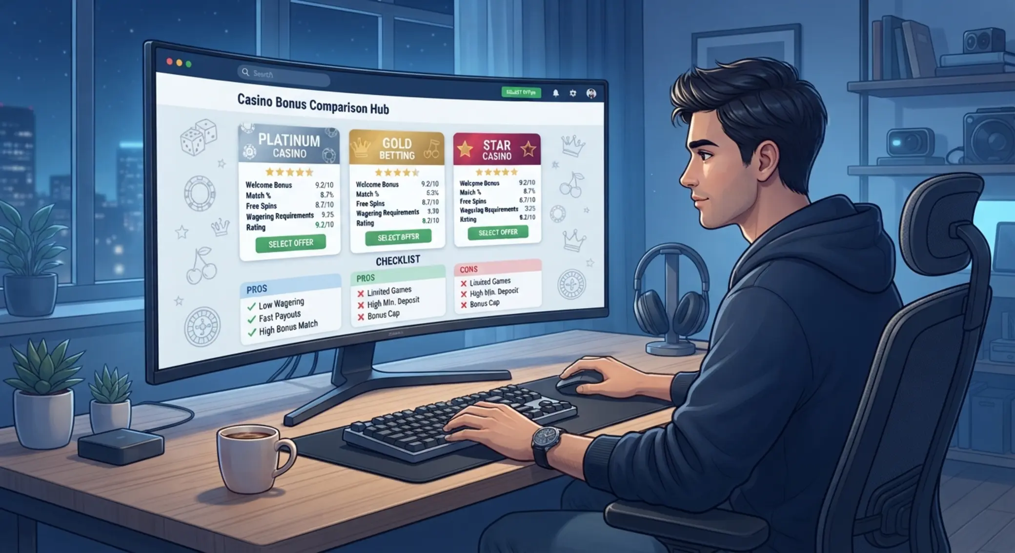 Hráč porovnáva bonusy v online kasíne